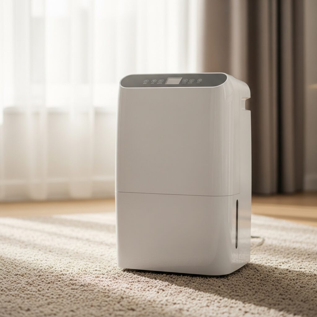 A dehumidifier on a musty carpet